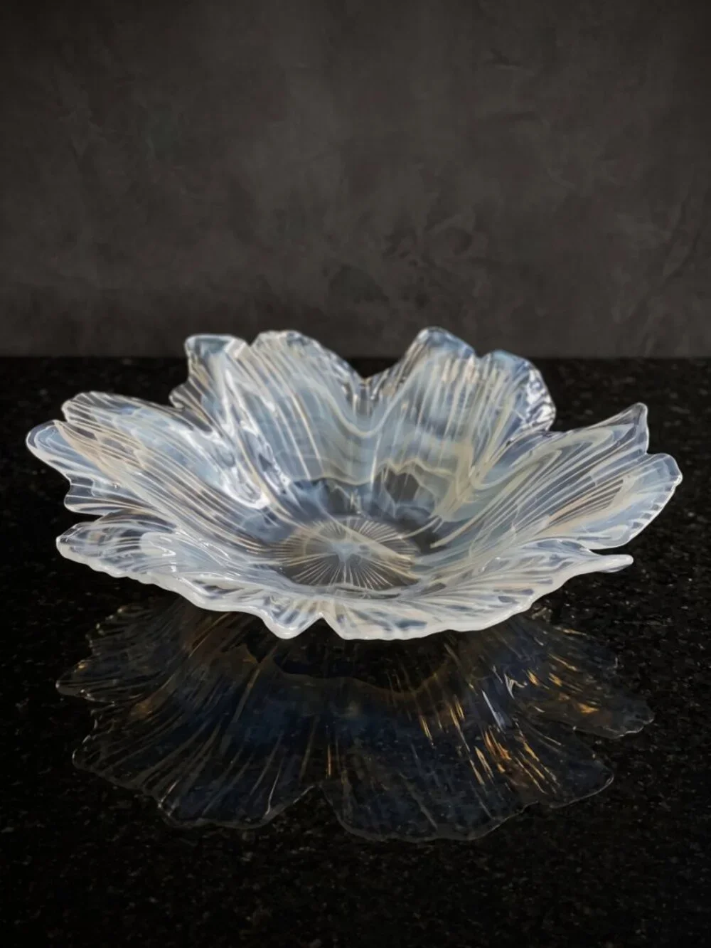 Large Clear Frosted Art Glass Flower Bowl 15” Floral Fluted Scalloped Centerpiec